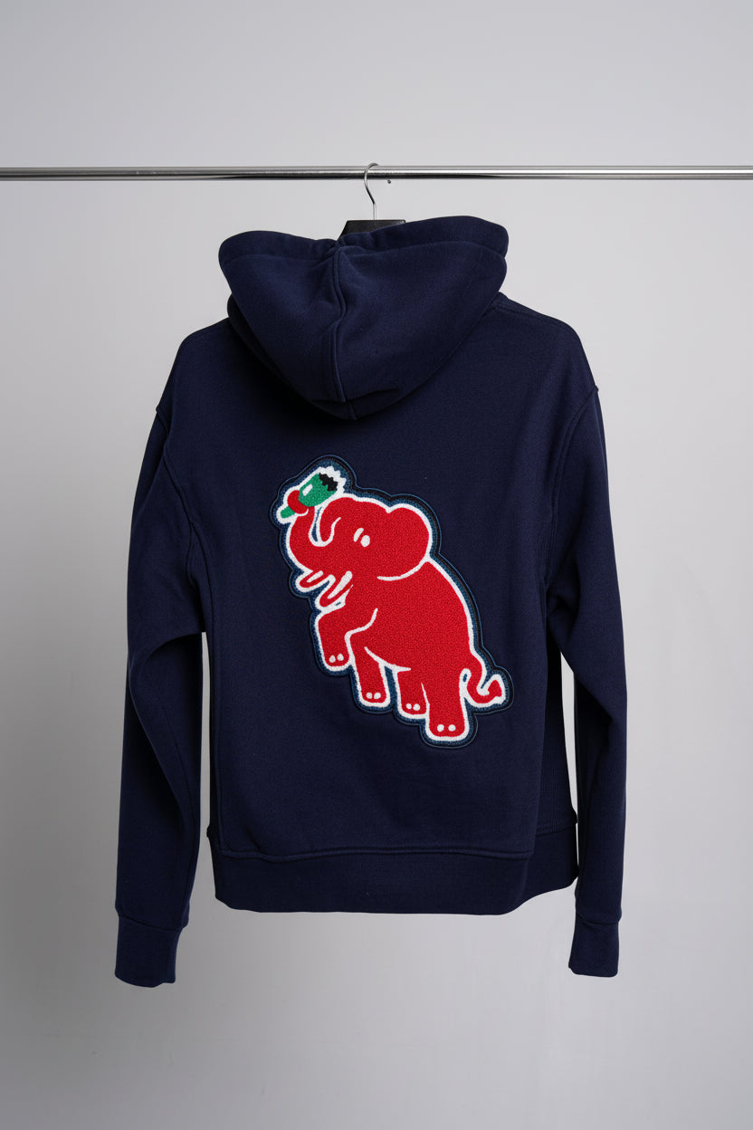 Navy blue hoodie with a red elephant graphic on a white background