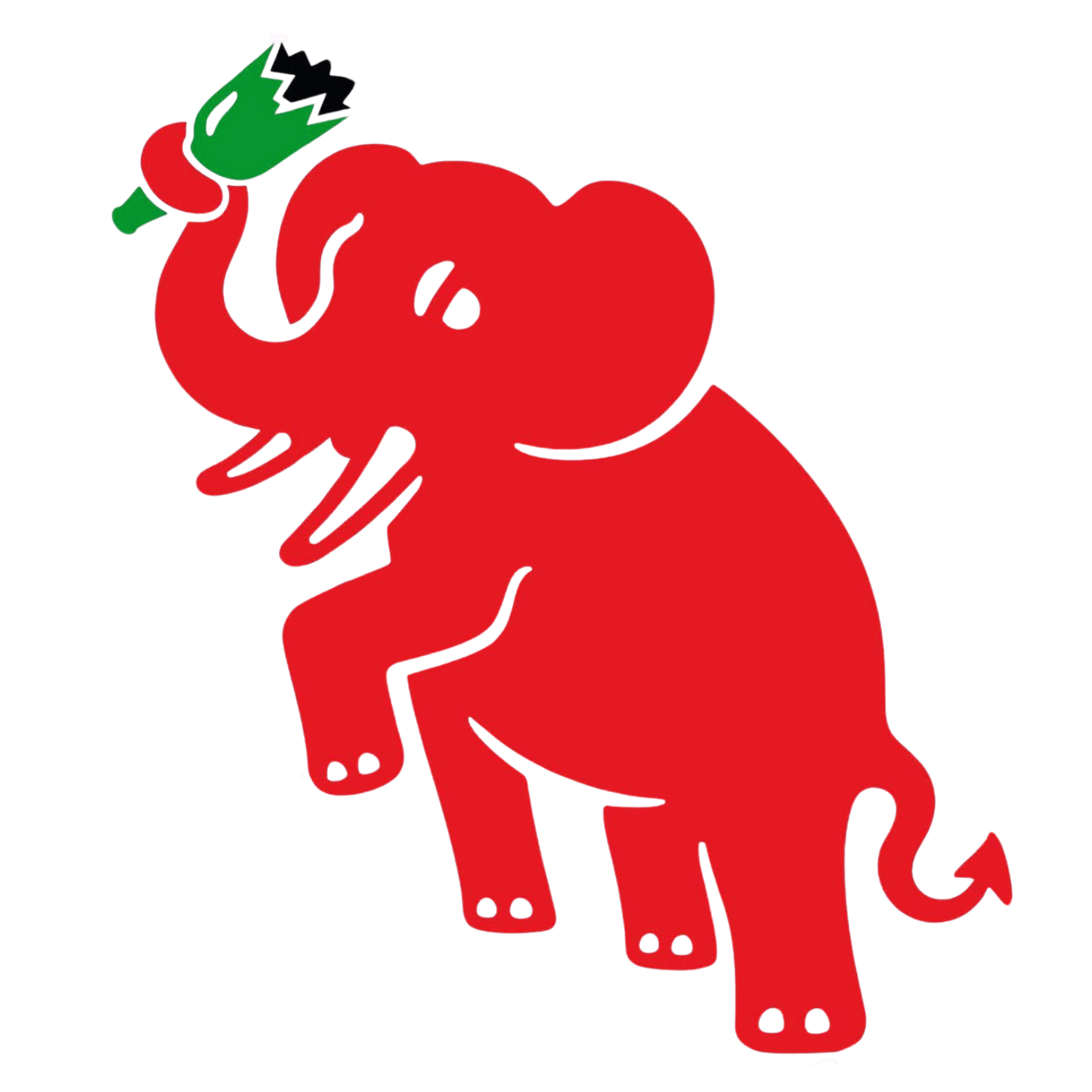 Red elephant holding a broken bottle on a white background