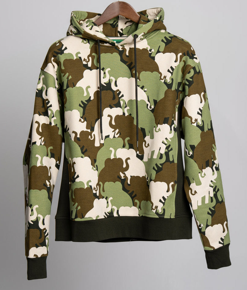 Camouflage hoodie with elephant pattern on a gray background